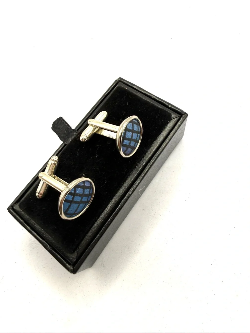 Men's  Silk Blue Plaid Oval Cufflinks - Silver Frame